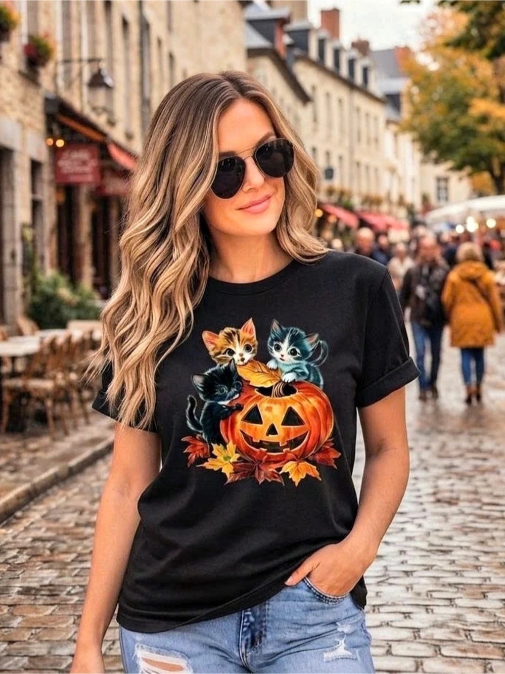 Cute Halloween Kittens Pumpkin Graphic Tee Black Short Sleeve Shirt